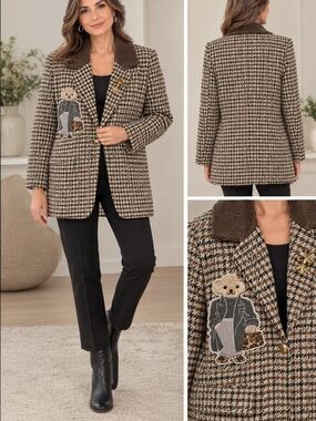 Houndstooth Teddy Patch Women's Blazer Jacket - Brown